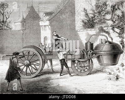 The first steam powered car, built by Cugnot, loses control and knocks down part of the arsenal's walls, Paris, France,1770. Nicolas-Joseph Cugnot, 1725 – 1804.  French inventor, builder of the first working self-propelled land-based mechanical vehicle, the world's first automobile.  From Les Merveilles de la Science, published 1870. Stock Photo