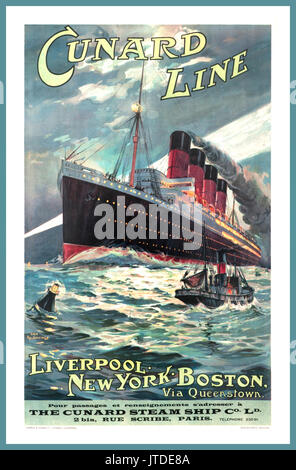 VINTAGE CUNARD LINE STEAM SHIP POSTER 1900's  The Cunard Lusitania and its sister, the Mauretania, were the largest and fastest steam ships on the sea, utilizing steam turbines for the first time. Stock Photo