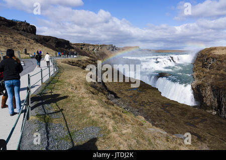 Gullfoss ('Golden Falls') is a waterfall located in the canyon of the Hvítá river in southwest Iceland. Stock Photo
