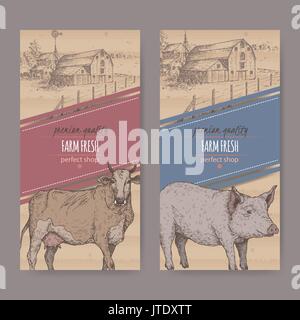 Two farm shop labels with farmhouse, barn, cow and pig. Stock Vector