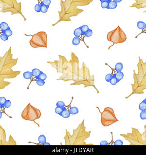 Floral watercolor seamless pattern with yellow oak leaves and blue berries on a white background Stock Photo