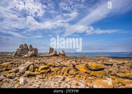 France, Brittany, Cotes-d'Armor department, rocky shoreline in the coastal landscape of the Gouffre de Plougrescant on the Côte de granit rose, Pink G Stock Photo