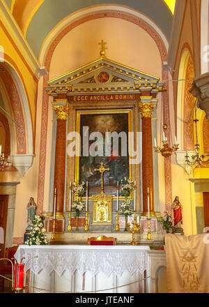 Beautiful church interior in Ermoupolis in Syros island, Greece.  There are many catholic and orthodox churches in Ermoupolis with beautiful interiors. Stock Photo