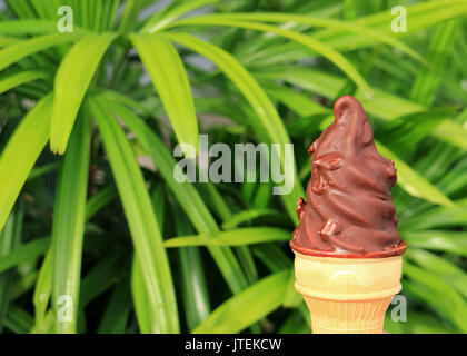 Front View of Chocolate Dipped Soft Serve Ice Cream Cone, Blurred Green Foliage in Background Stock Photo