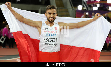 Poland's Adam Kszczot celebrates after winning the silver medal in the men's 800m final during day five of the 2017 IAAF World Championships at the London Stadium. PRESS ASSOCIATION Photo. Picture date: Tuesday August 8, 2017. See PA story Athletics World. Photo credit should read: Martin Rickett/PA Wire. RESTRICTIONS: Editorial use only. No transmission of sound or moving images and no video simulation Stock Photo