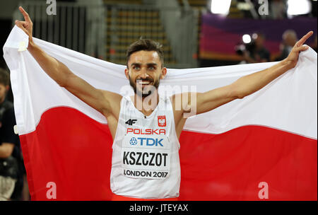 Poland's Adam Kszczot celebrates after winning the silver medal in the men's 800m final during day five of the 2017 IAAF World Championships at the London Stadium. Stock Photo