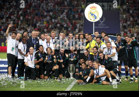 Real Madrid players and staff celebrate after winning the UEFA ...