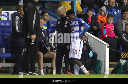 Reading's Omar Richards goes off with an injury during the Carabao Cup, first round match at the Madejski Stadium, Reading. Stock Photo