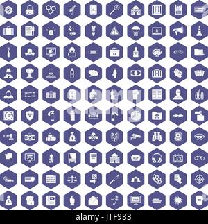100 crime icons hexagon purple Stock Vector