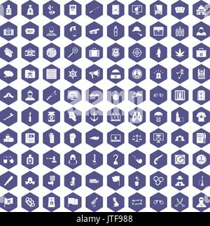 100 crime investigation icons hexagon purple Stock Vector