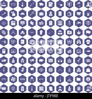 100 criminal offence icons hexagon purple Stock Vector