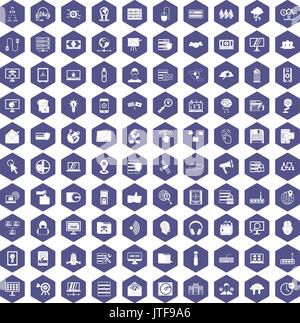 100 cyber security icons hexagon purple Stock Vector