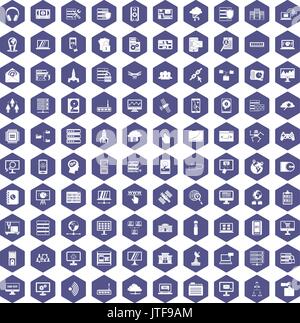 100 database and cloud icons hexagon purple Stock Vector