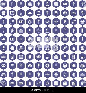 100 dessert icons hexagon purple Stock Vector
