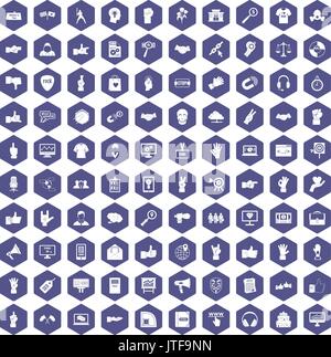 100 different gestures icons hexagon purple Stock Vector