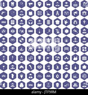 100 different professions icons hexagon purple Stock Vector