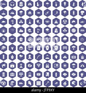 100 disaster icons hexagon purple Stock Vector