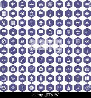 100 dish icons hexagon purple Stock Vector
