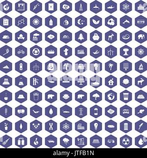 100 eco icons hexagon purple Stock Vector