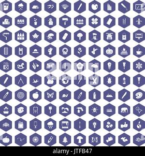 100 eco design icons hexagon purple Stock Vector