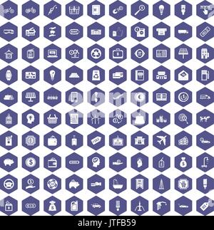 100 economy icons hexagon purple Stock Vector