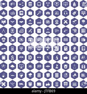 100 education technology icons hexagon purple Stock Vector