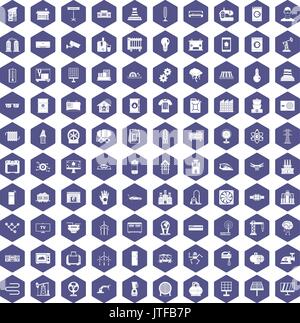 100 electrical engineering icons hexagon purple Stock Vector