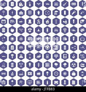 100 electricity icons hexagon purple Stock Vector