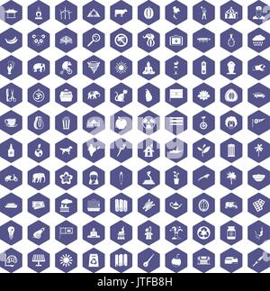 100 elephant icons hexagon purple Stock Vector