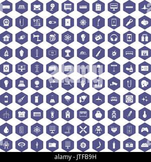 100 energy icons hexagon purple Stock Vector