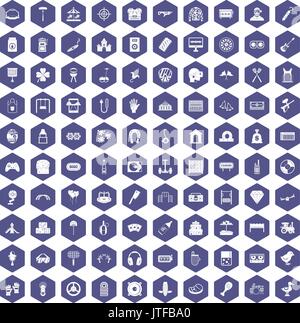 100 entertainment icons hexagon purple Stock Vector