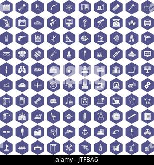 100 equipment icons hexagon purple Stock Vector