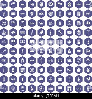 100 europe countries icons hexagon purple Stock Vector