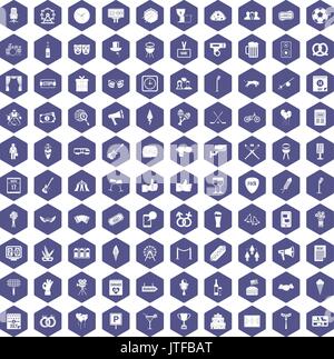 100 events icons hexagon purple Stock Vector