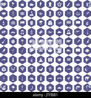 100 exotic animals icons hexagon purple Stock Vector
