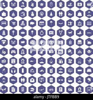 100 family icons hexagon purple Stock Vector