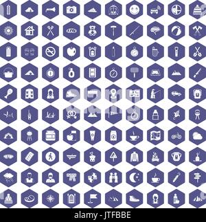 100 family camping icons hexagon purple Stock Vector