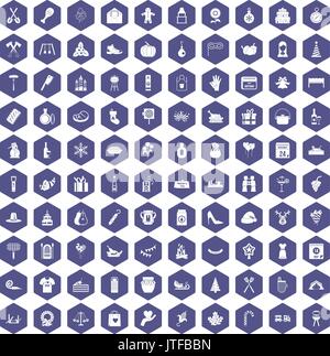 100 family tradition icons hexagon purple Stock Vector