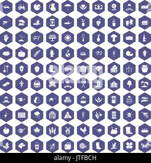 100 farm icons hexagon purple Stock Vector