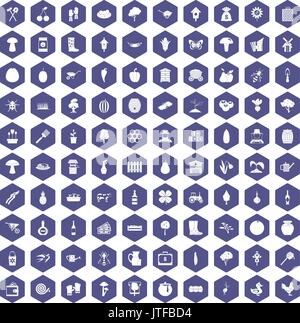 100 farming icons hexagon purple Stock Vector