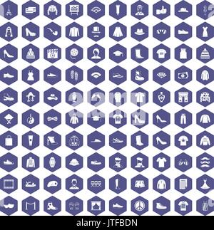 100 fashion icons hexagon purple Stock Vector