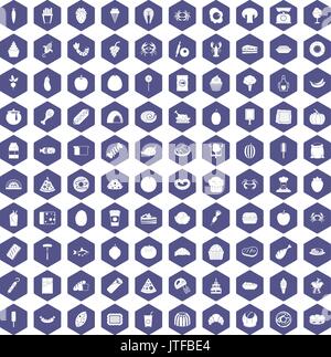 100 favorite food icons hexagon purple Stock Vector