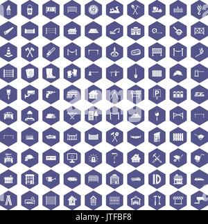 100 fence icons hexagon purple Stock Vector