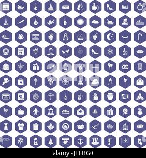 100 festive day icons hexagon purple Stock Vector