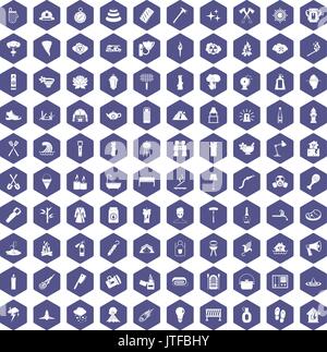 100 fire icons hexagon purple Stock Vector