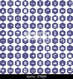100 fish icons hexagon purple Stock Vector
