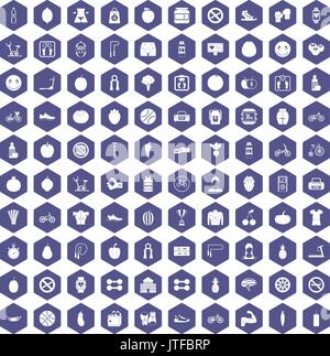 100 fitness icons hexagon purple Stock Vector