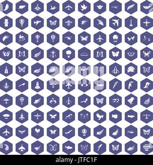 100 fly icons hexagon purple Stock Vector