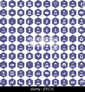 100 folk icons hexagon purple Stock Vector
