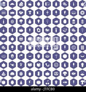 100 food icons hexagon purple Stock Vector
